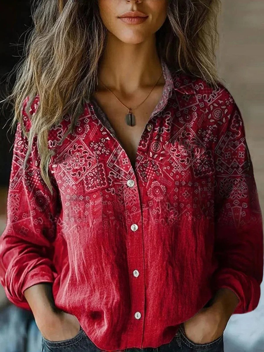 Olivia | Women's Boho Floral Print Long Sleeve Button-Up Blouse