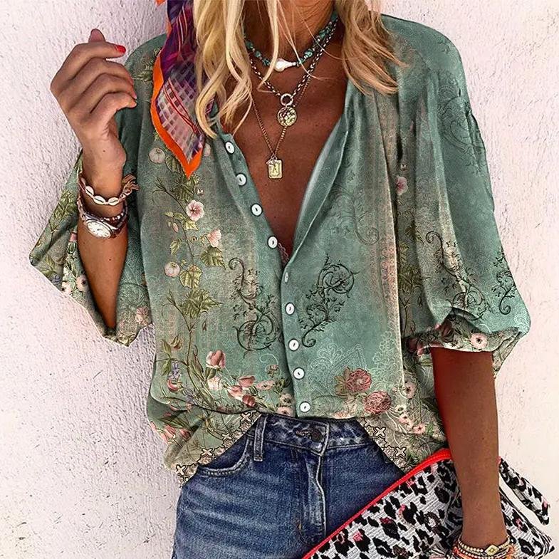 Ava | Women's Boho Floral V-Neck Long Sleeve Button-Down Blouse