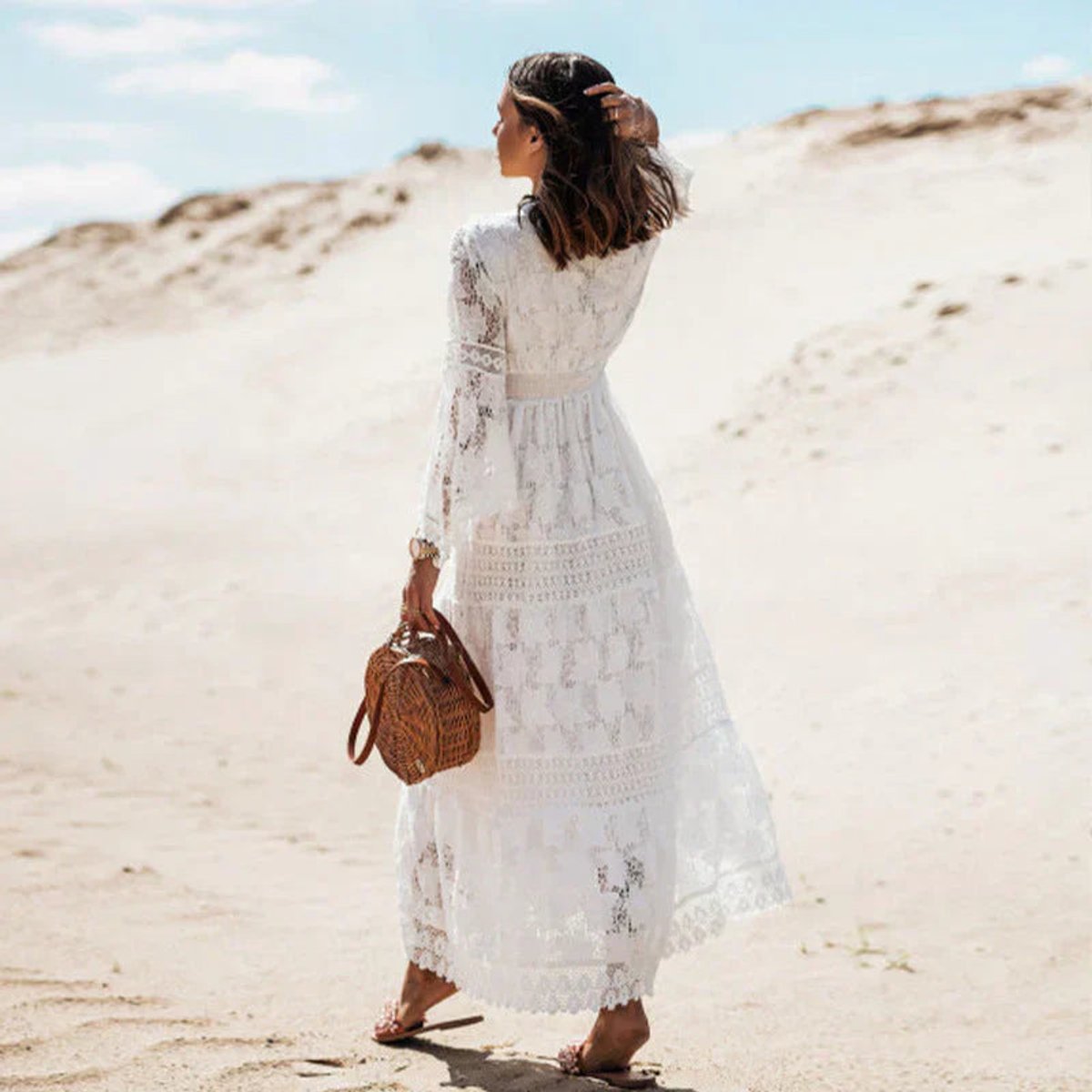 Ava | Women's Boho Lace Long Sleeve Flowy Maxi Dress V-Neck