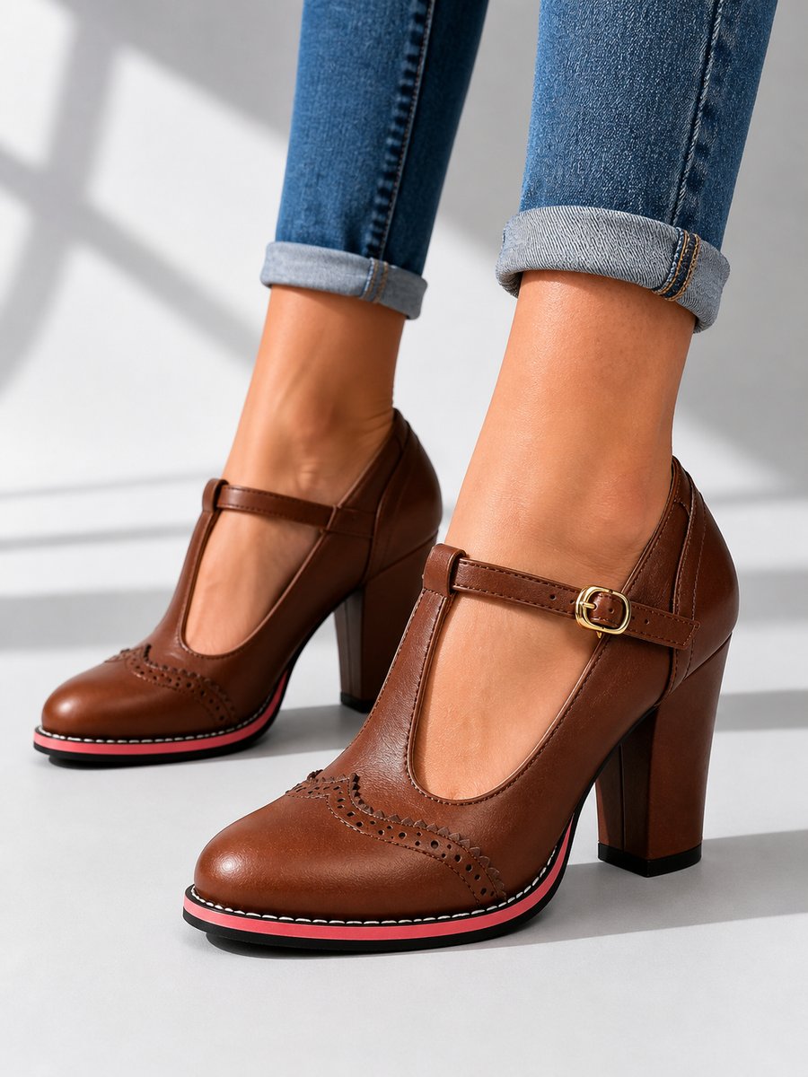 Rosie | Women's Brogue T-Bar Block Heel Boots Leather-Look