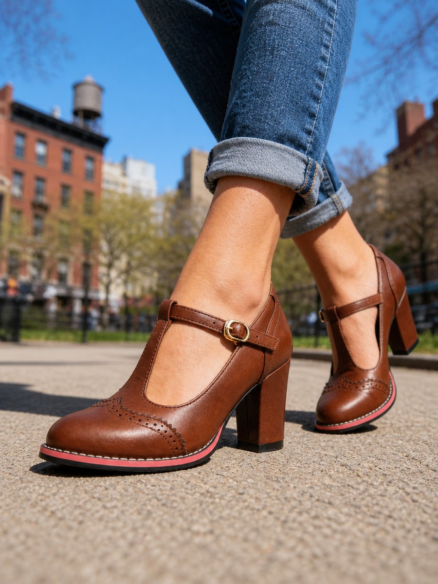 Rosie | Women's Brogue T-Bar Block Heel Boots Leather-Look
