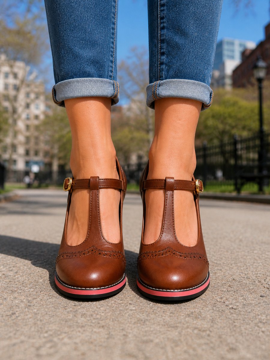 Rosie | Women's Brogue T-Bar Block Heel Boots Leather-Look
