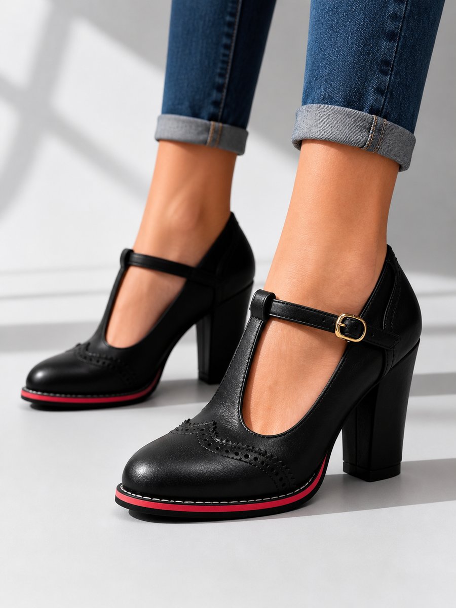 Rosie | Women's Brogue T-Bar Block Heel Boots Leather-Look