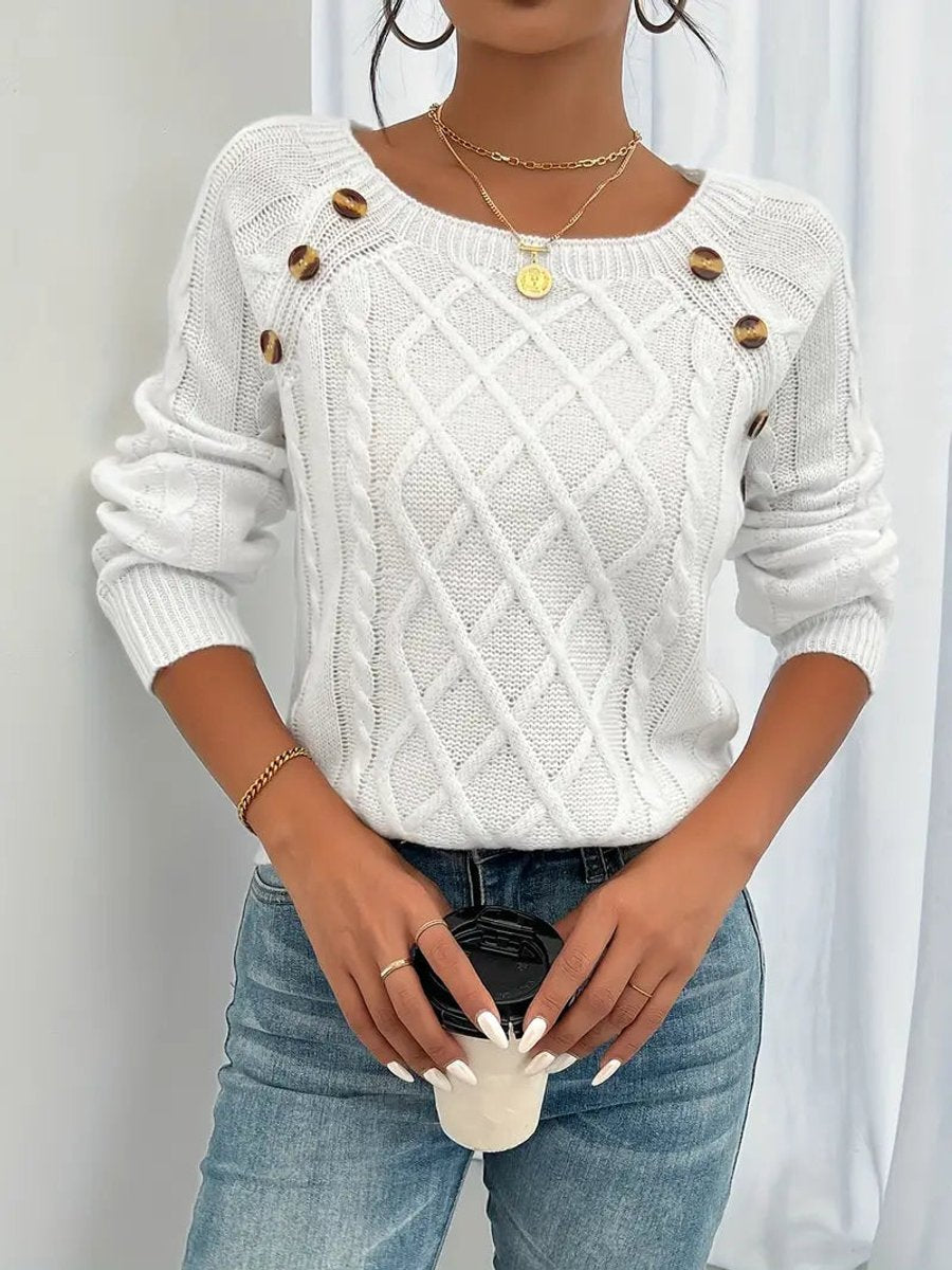 Grace | Women's Cable Knit Sweater Round Neck Button Detail Jumper