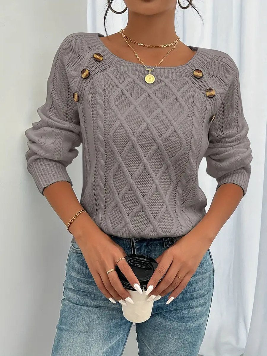 Grace | Women's Cable Knit Sweater Round Neck Button Detail Jumper