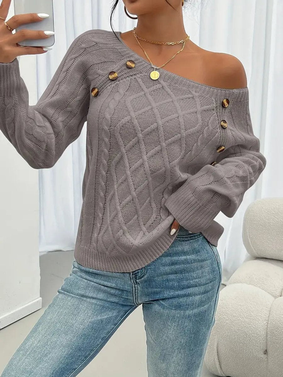 Grace | Women's Cable Knit Sweater Round Neck Button Detail Jumper