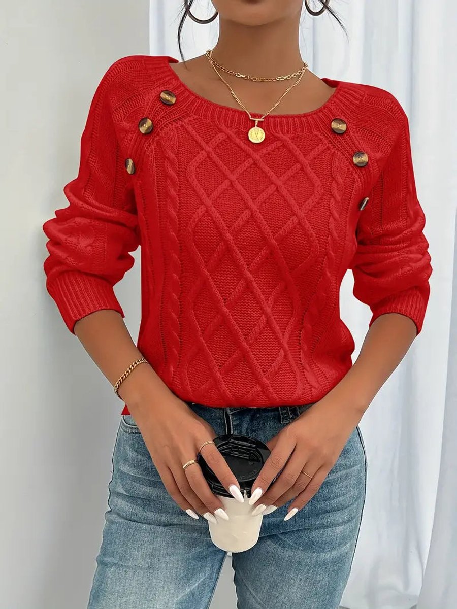 Grace | Women's Cable Knit Sweater Round Neck Button Detail Jumper