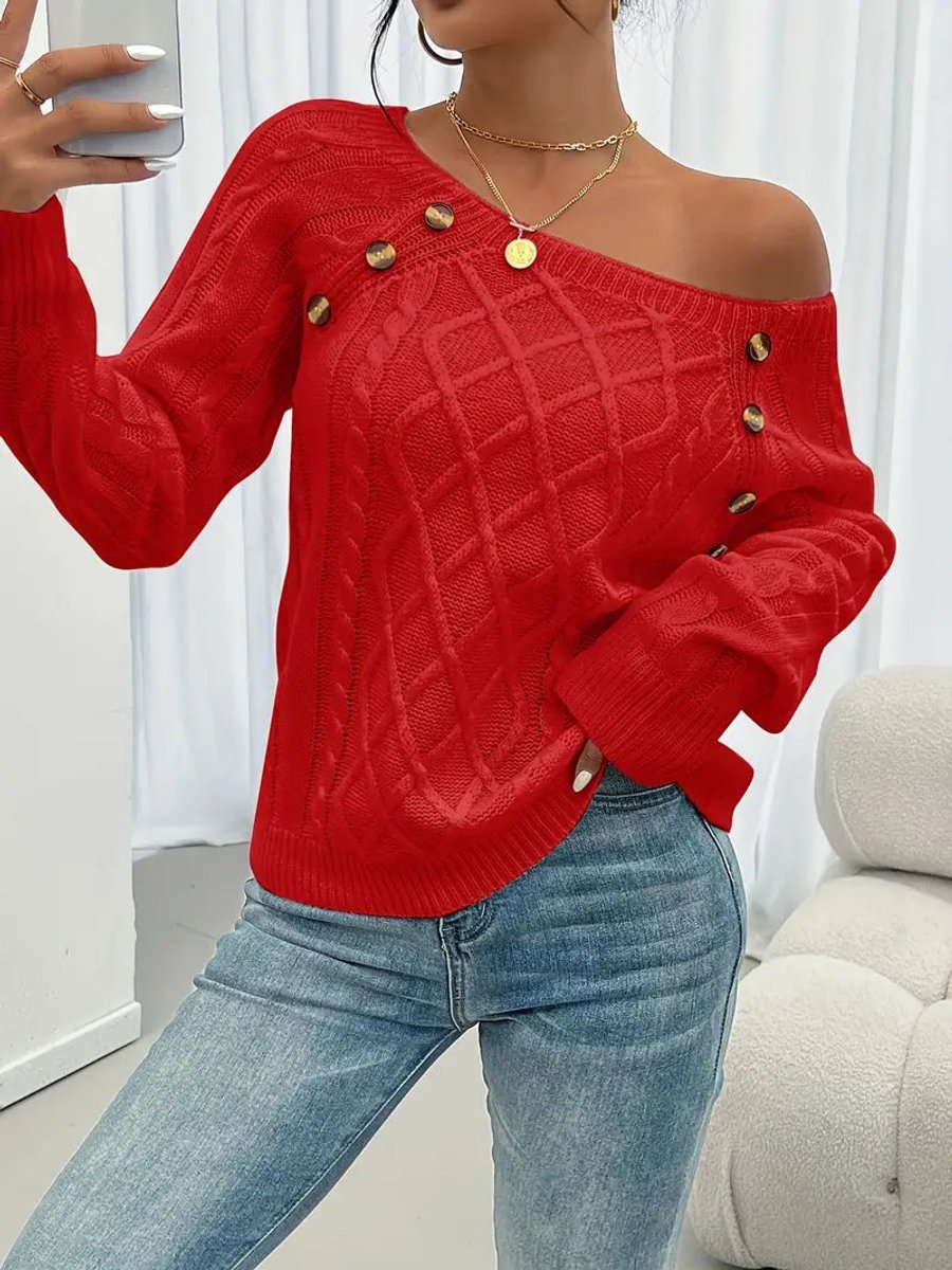 Grace | Women's Cable Knit Sweater Round Neck Button Detail Jumper