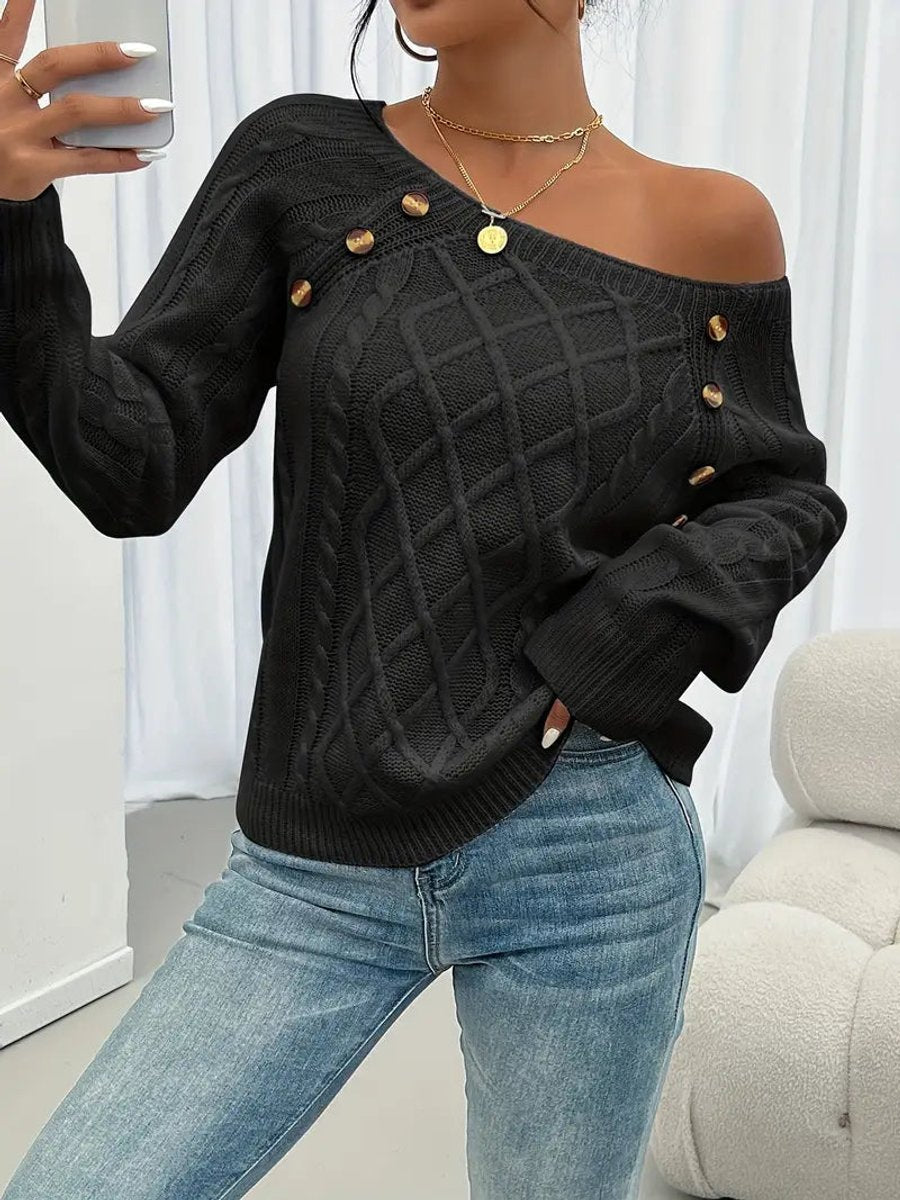 Grace | Women's Cable Knit Sweater Round Neck Button Detail Jumper
