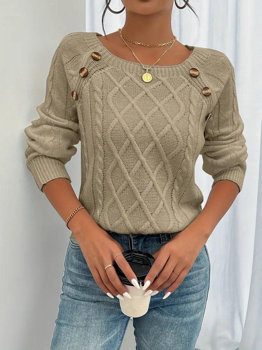 Grace | Women's Cable Knit Sweater Round Neck Button Detail Jumper