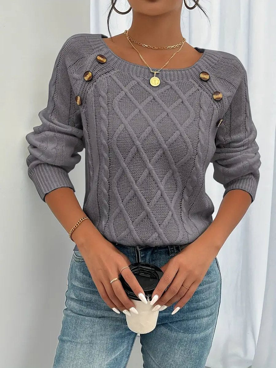 Grace | Women's Cable Knit Sweater Round Neck Button Detail Jumper