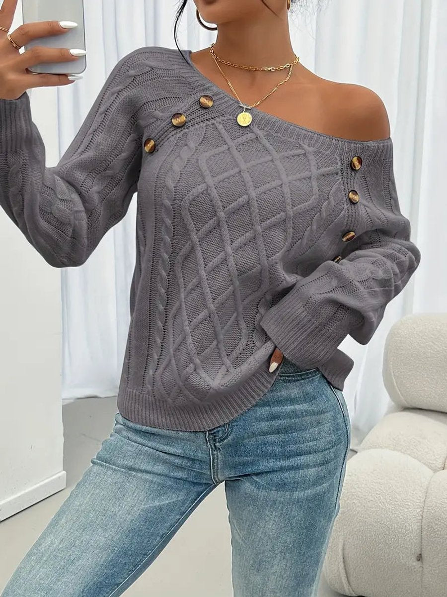 Grace | Women's Cable Knit Sweater Round Neck Button Detail Jumper
