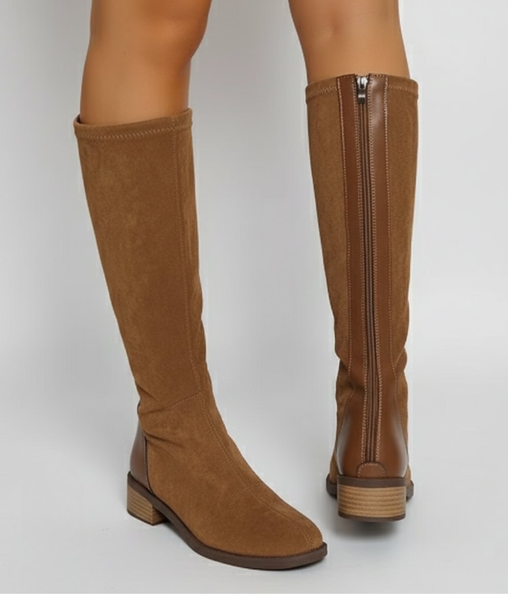 Isla | Women's Camel Suede-Look Knee-High Block Heel Boots