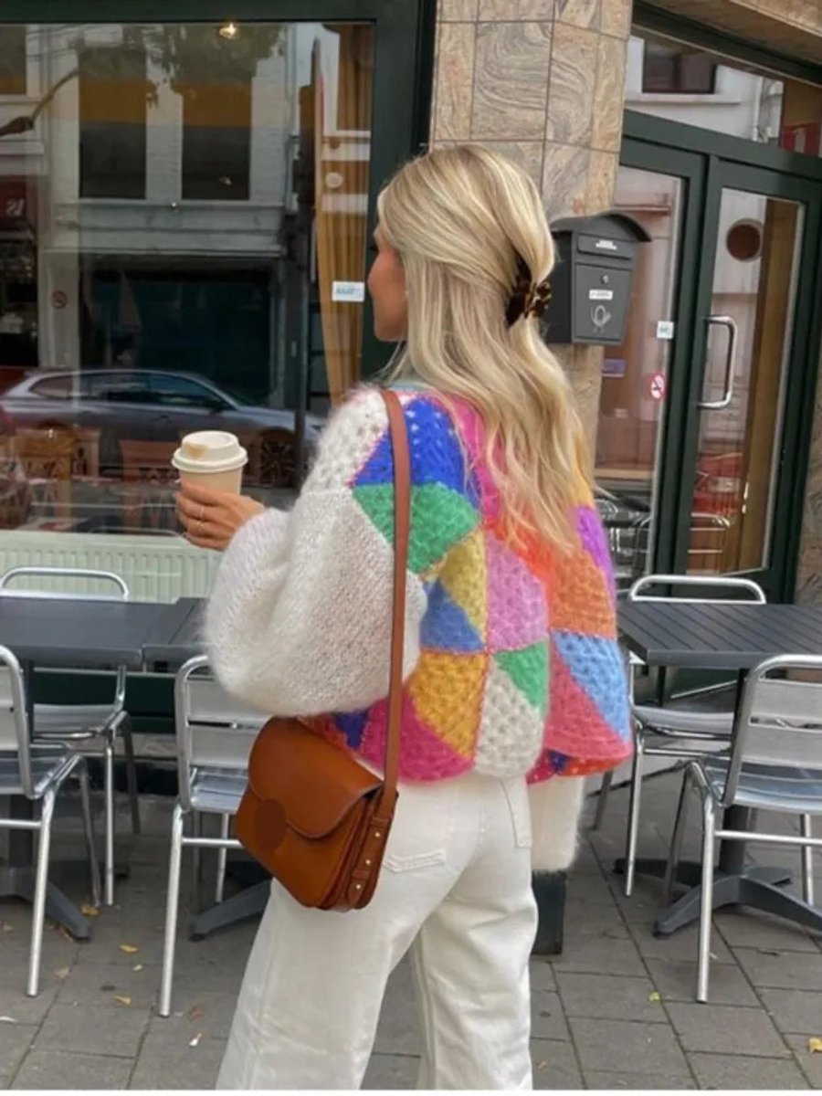 Amelia | Women's Cardigan Cropped Colour Block Knit Patchwork Jumper