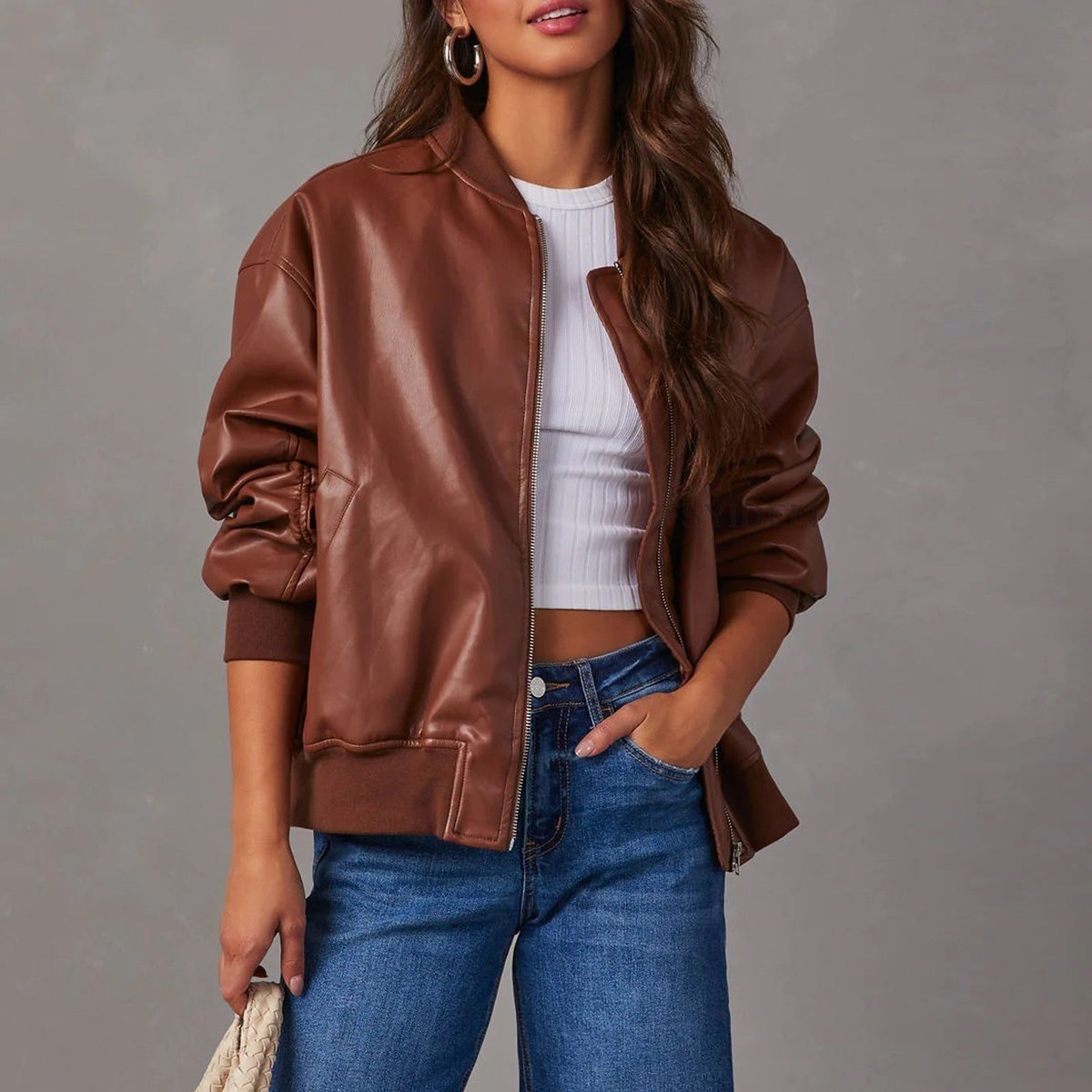 Mia | Women's Coat Relaxed Bomber Faux Leather Zip-Up Jacket