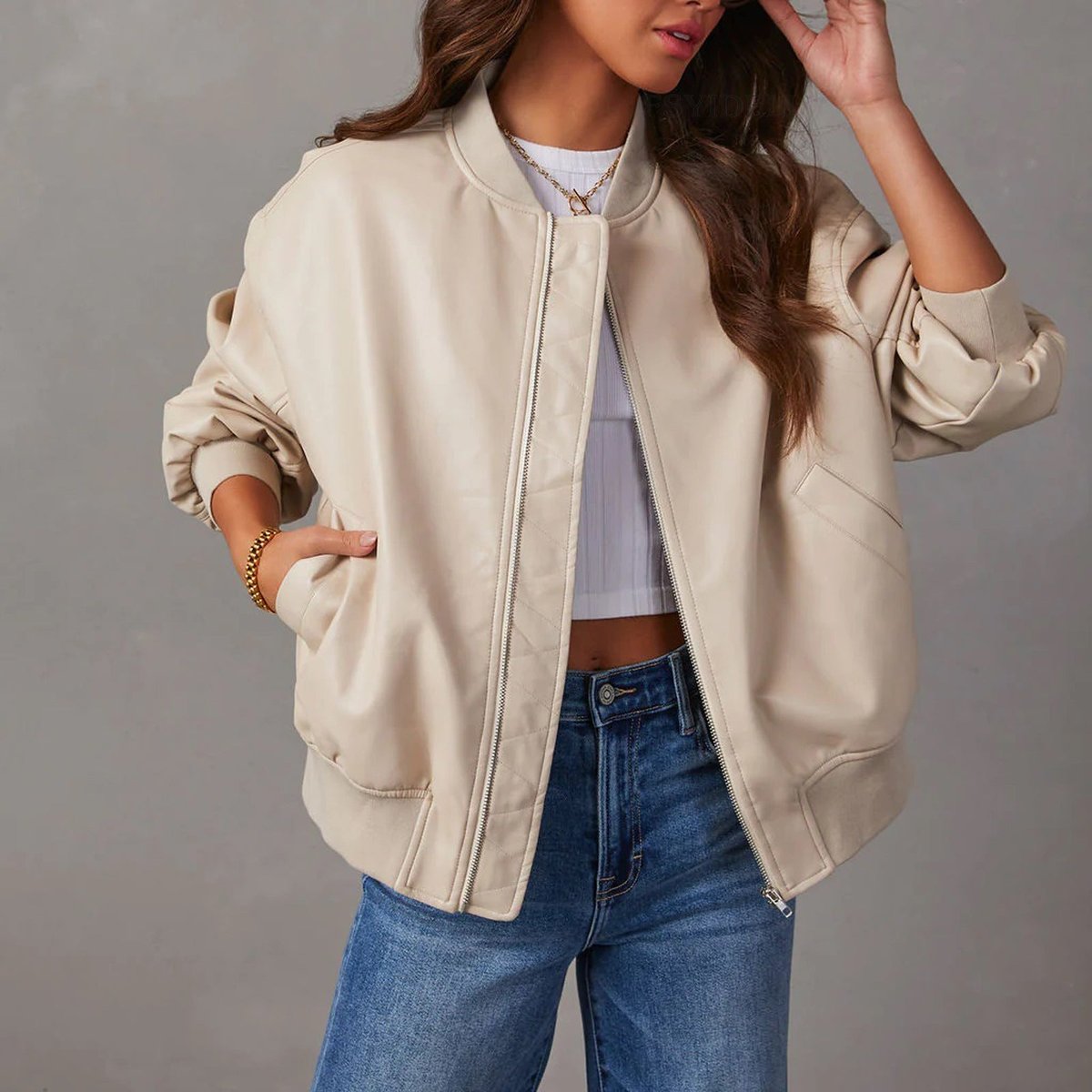 Mia | Women's Coat Relaxed Bomber Faux Leather Zip-Up Jacket