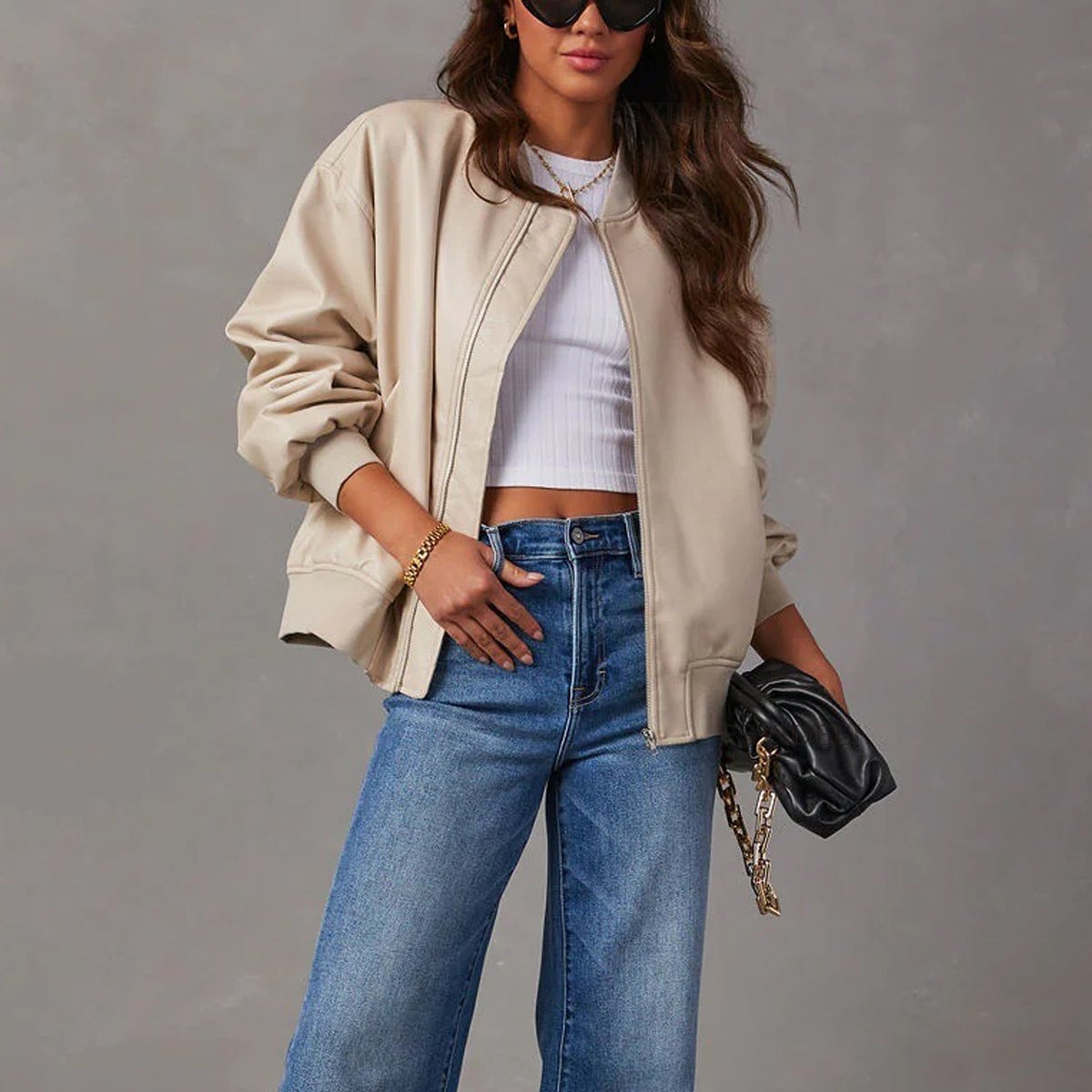 Mia | Women's Coat Relaxed Bomber Faux Leather Zip-Up Jacket