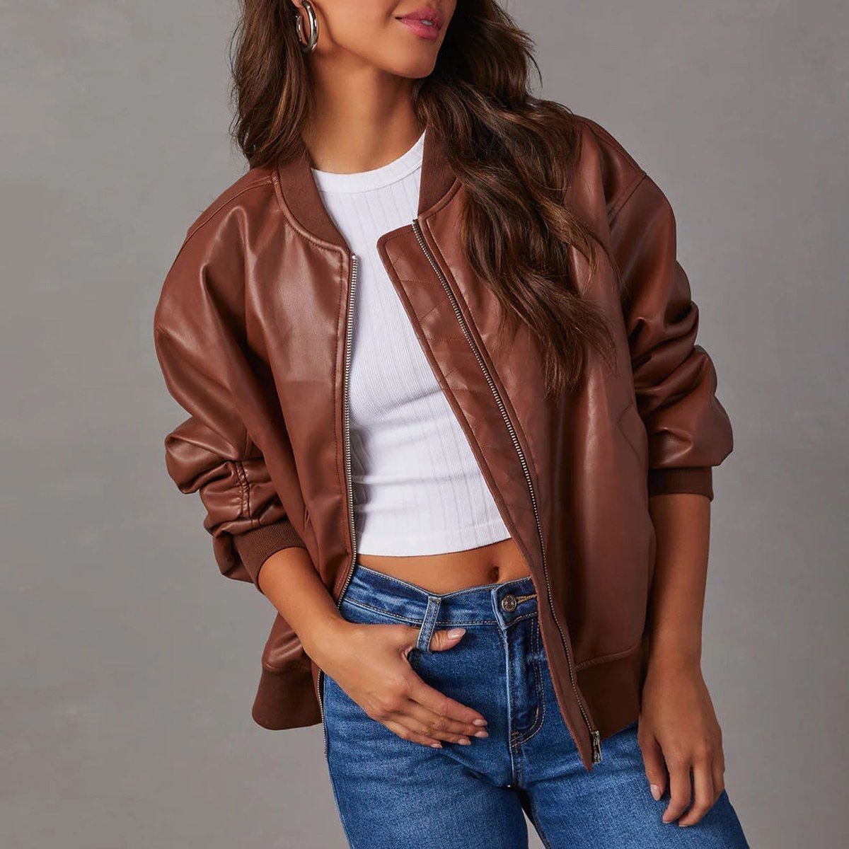 Mia | Women's Coat Relaxed Bomber Faux Leather Zip-Up Jacket