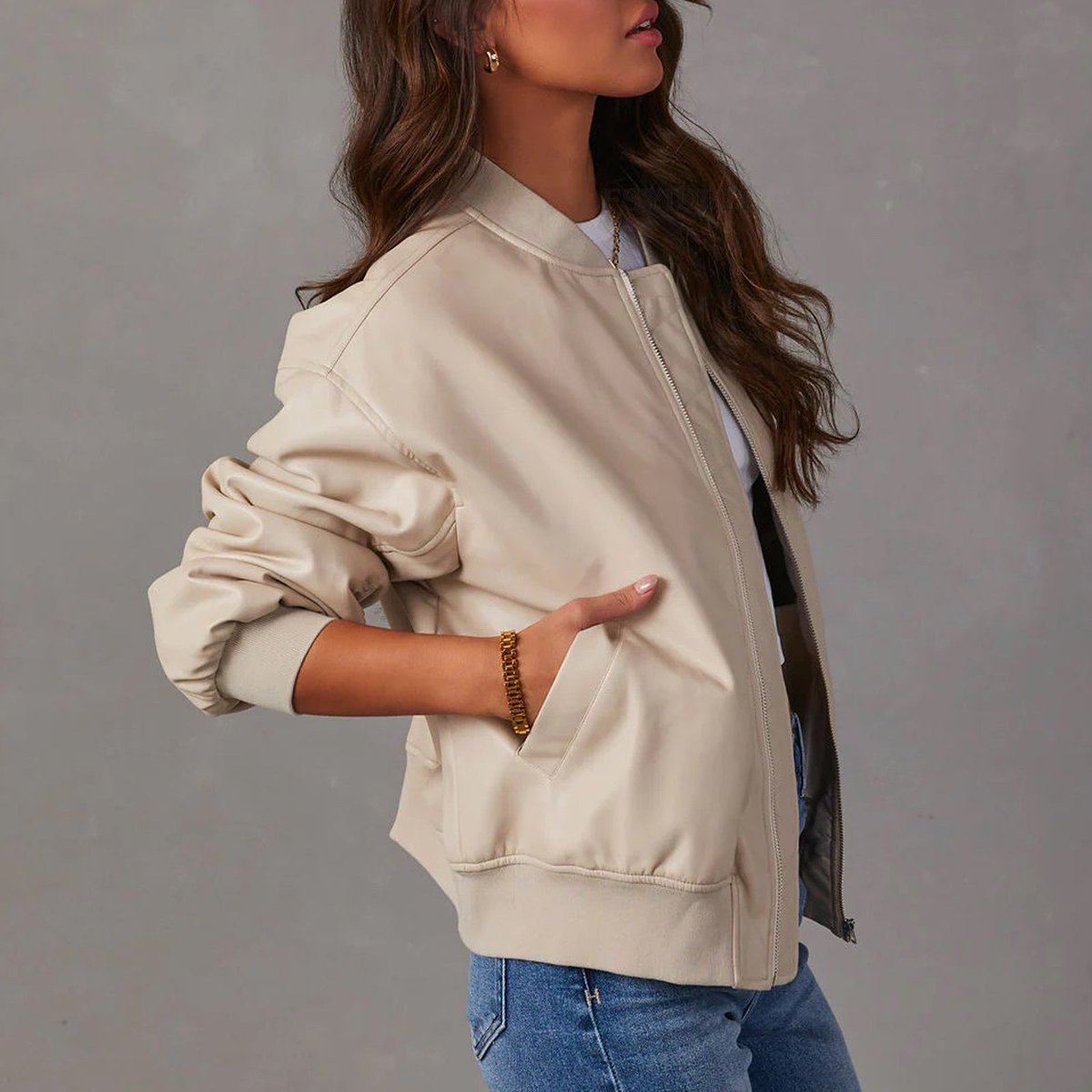 Mia | Women's Coat Relaxed Bomber Faux Leather Zip-Up Jacket