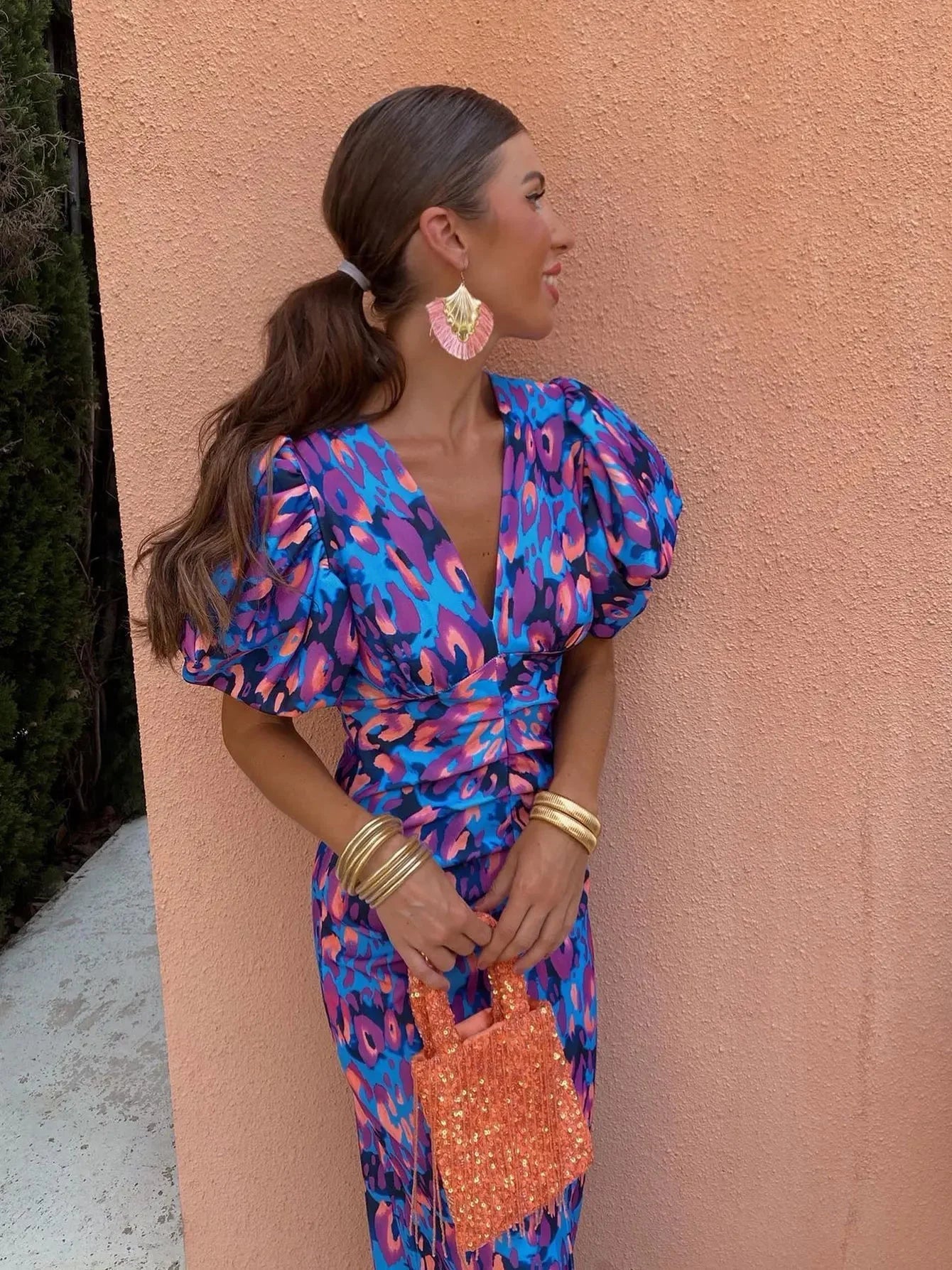 Women's Cocktail Floral V Neck Puff Sleeve Midi Dress