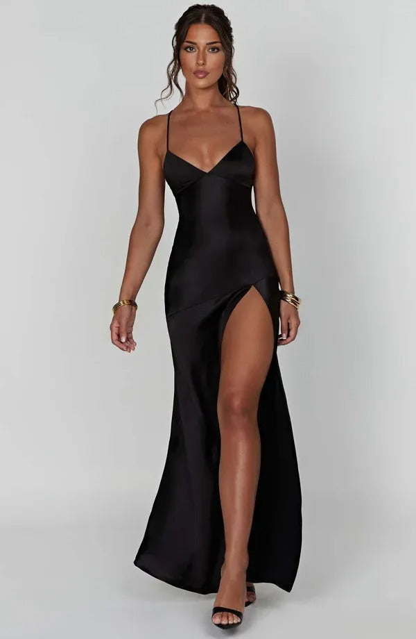 Women's Cocktail Satin V Neck Maxi Dress