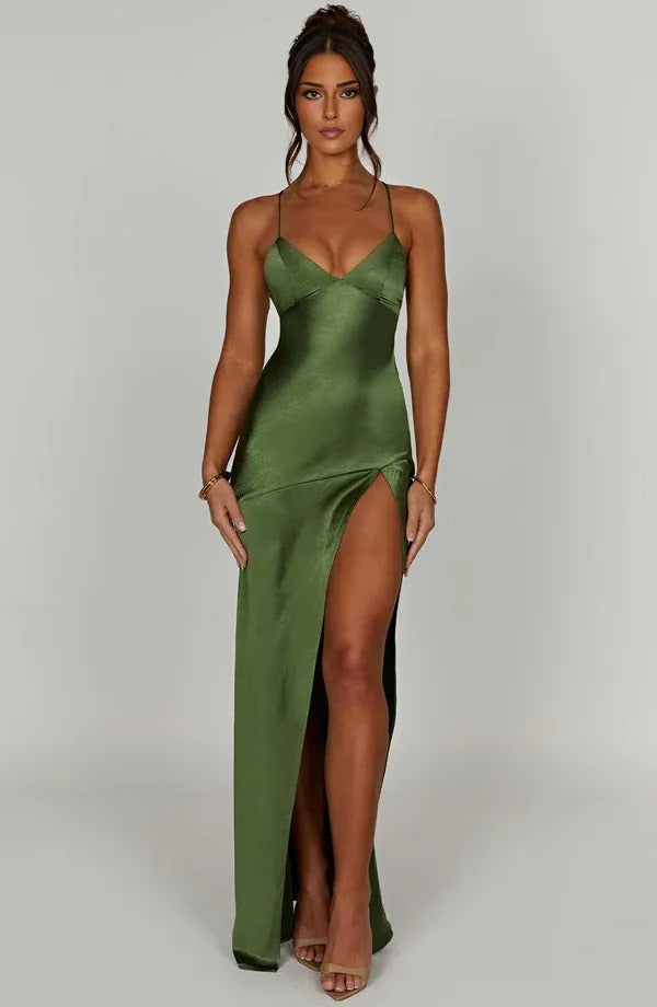 Women's Cocktail Satin V Neck Maxi Dress