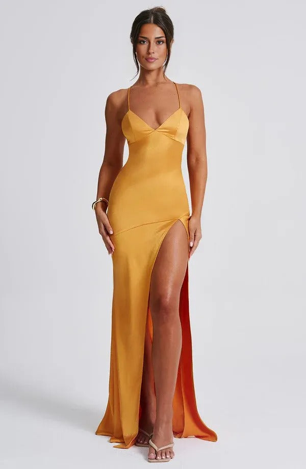 Women's Cocktail Satin V Neck Maxi Dress
