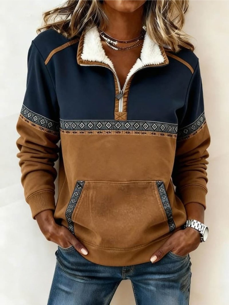 Grace | Women's Colour-Block Aztec Quarter-Zip Fleece Pullover Jumper
