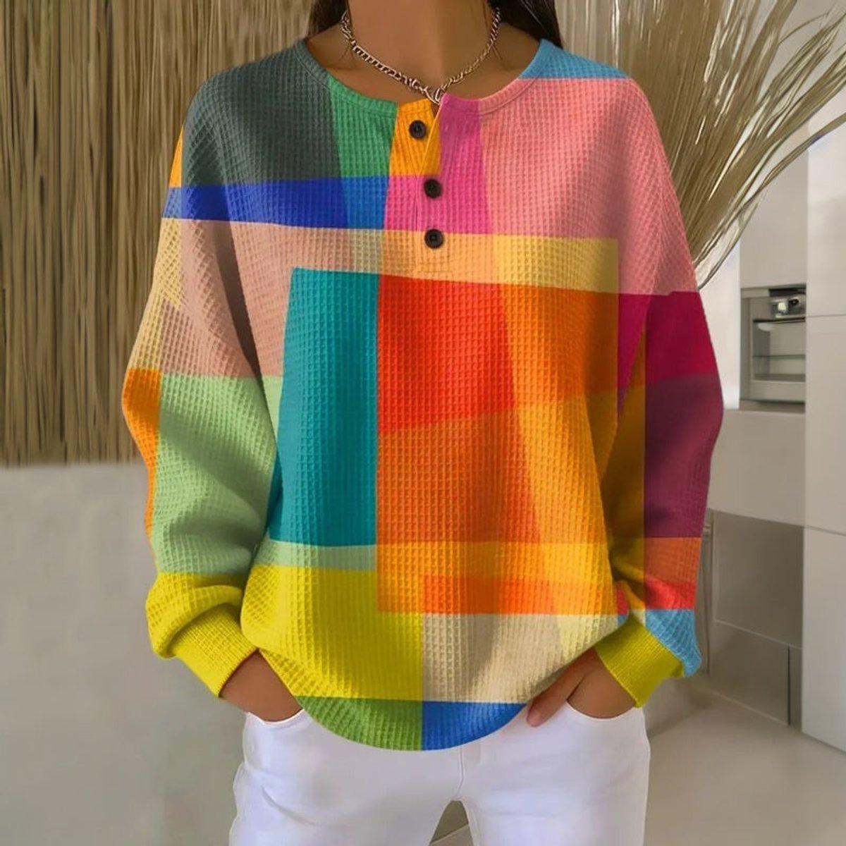Aria | Women's Colourblock Waffle-Knit Button-Neck Pullover Sweater