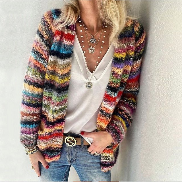 Evelyn | Women's Cosy Multicolour Long-Sleeve Open-Front Knitted Cardigan