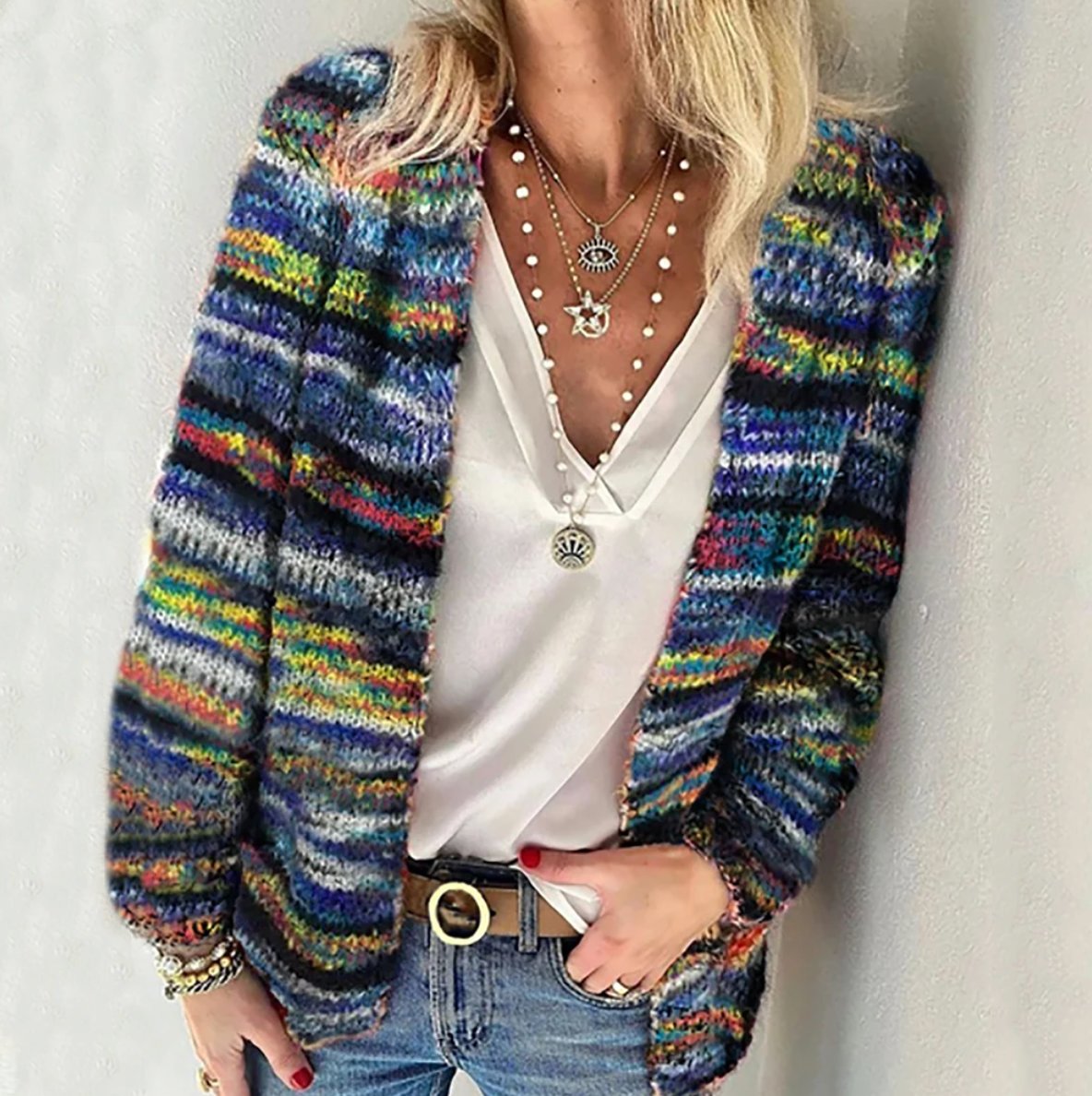 Evelyn | Women's Cosy Multicolour Long-Sleeve Open-Front Knitted Cardigan