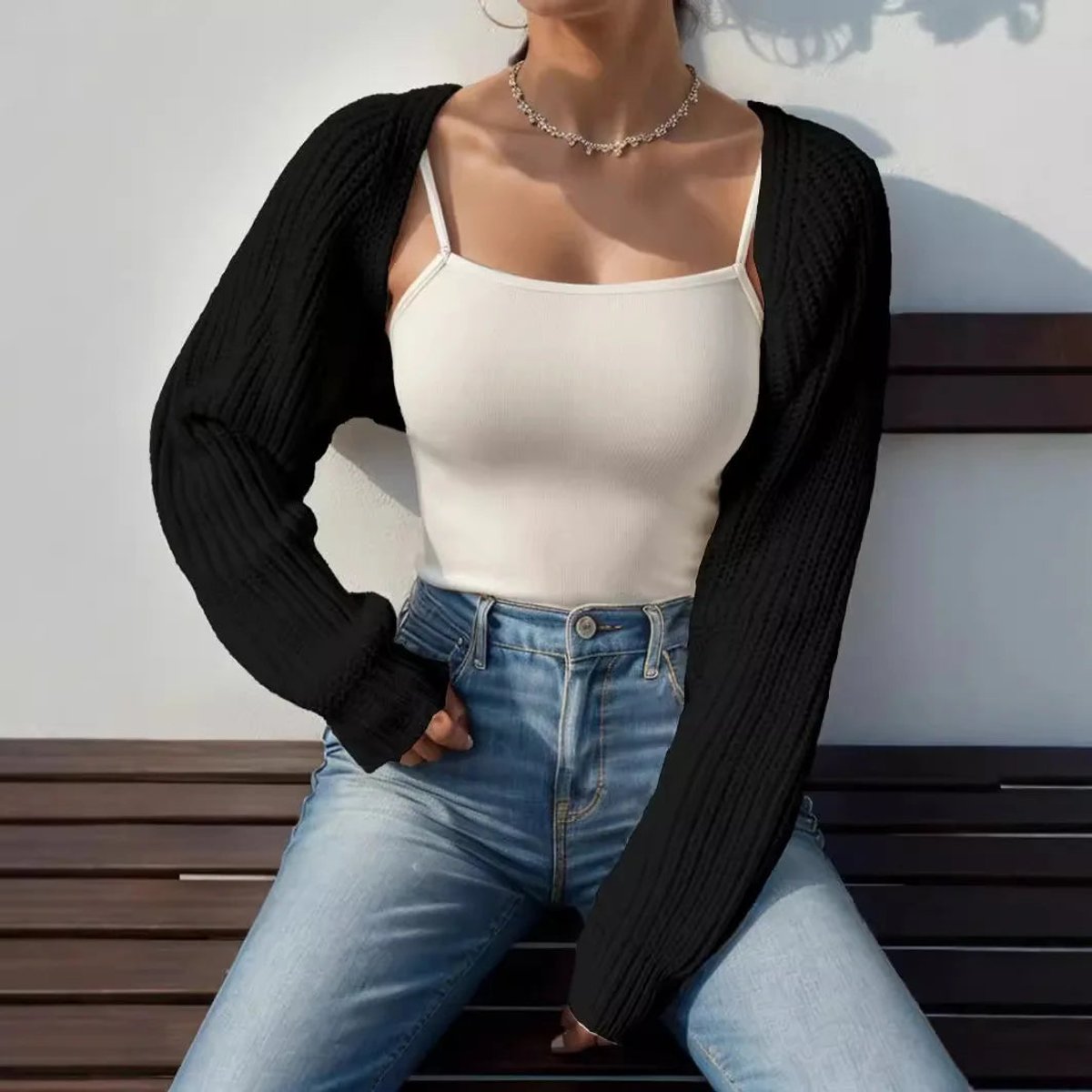Amelia | Women's Cropped Open-Front Ribbed Knit Shrug Jumper