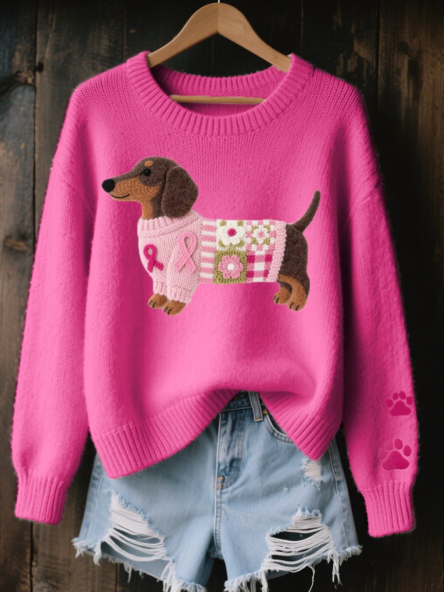 Freya | Women's Dachshund Patchwork Relaxed-Fit Knit Sweater Jumper