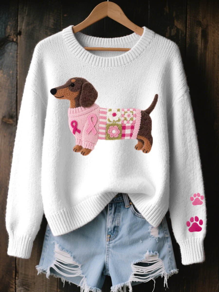 Freya | Women's Dachshund Patchwork Relaxed-Fit Knit Sweater Jumper