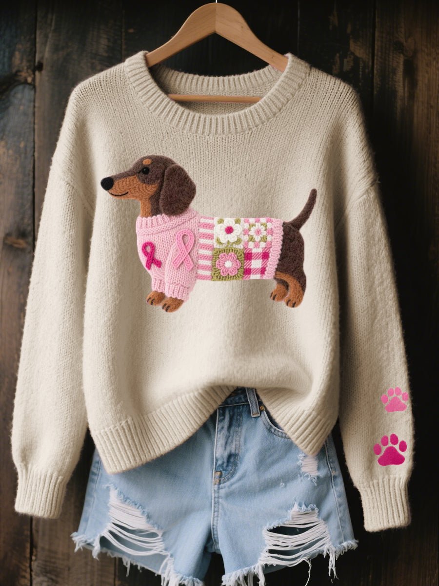 Freya | Women's Dachshund Patchwork Relaxed-Fit Knit Sweater Jumper