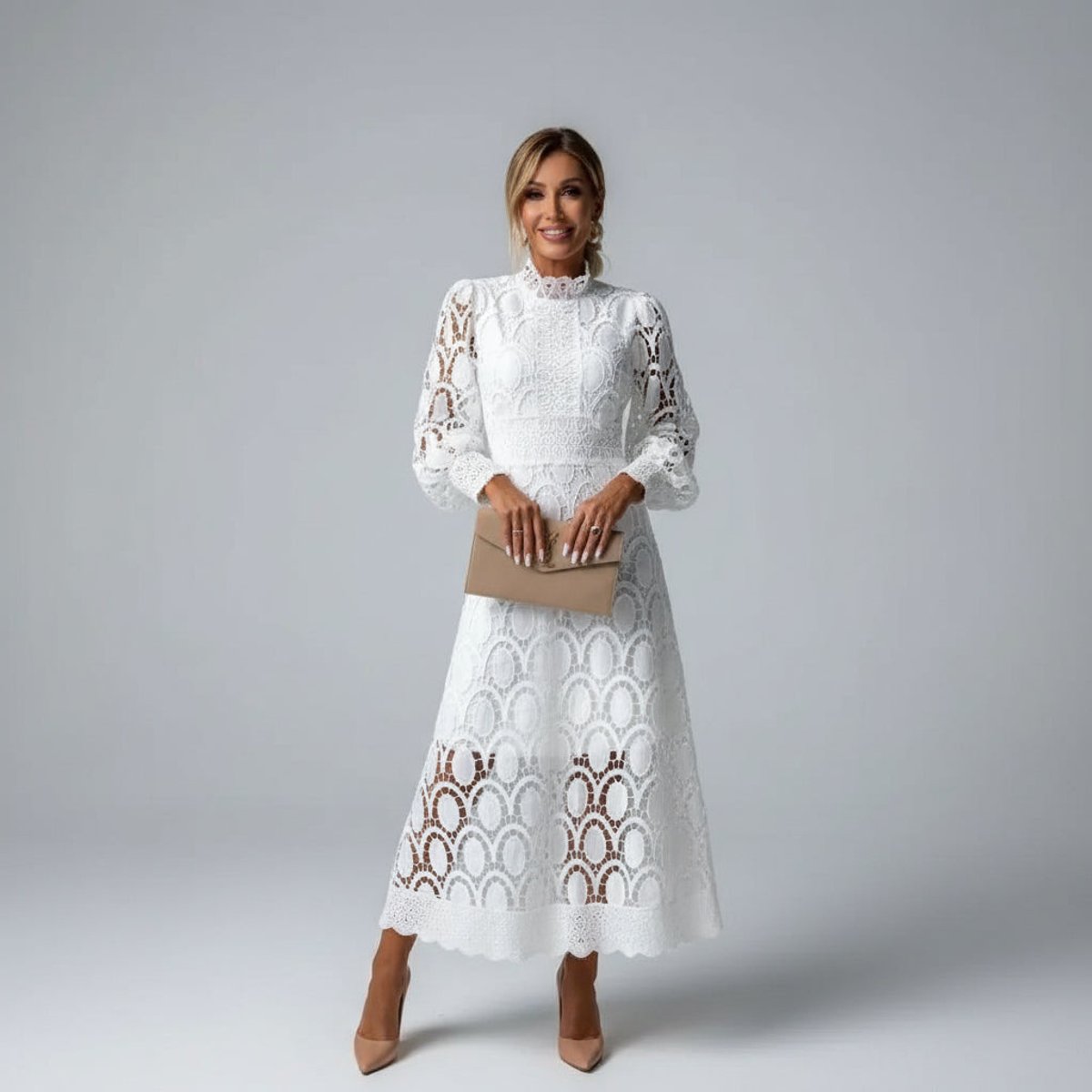 Phoebe | Women's Elegant Lace Midi Long Sleeve Dress Mock Neck A-Line