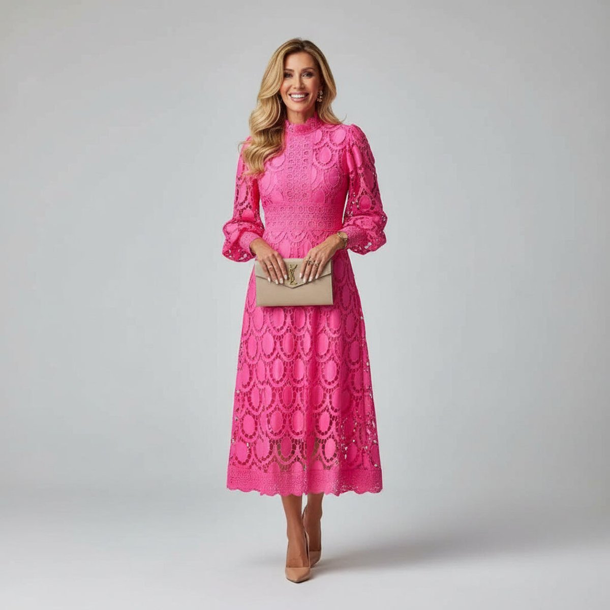 Phoebe | Women's Elegant Lace Midi Long Sleeve Dress Mock Neck A-Line