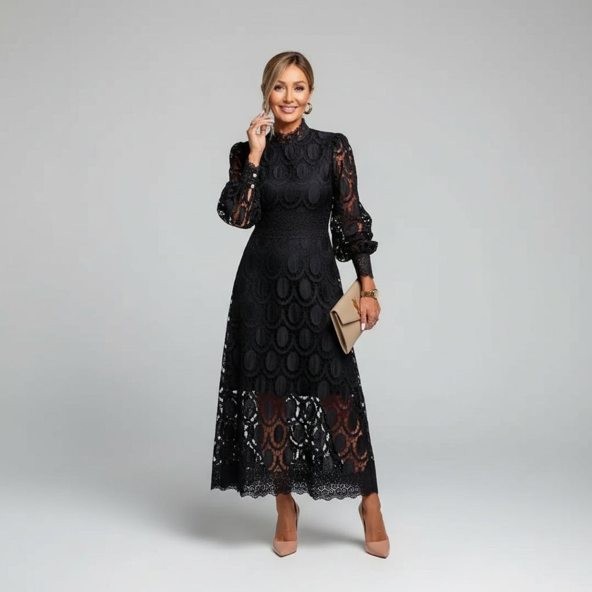 Phoebe | Women's Elegant Lace Midi Long Sleeve Dress Mock Neck A-Line