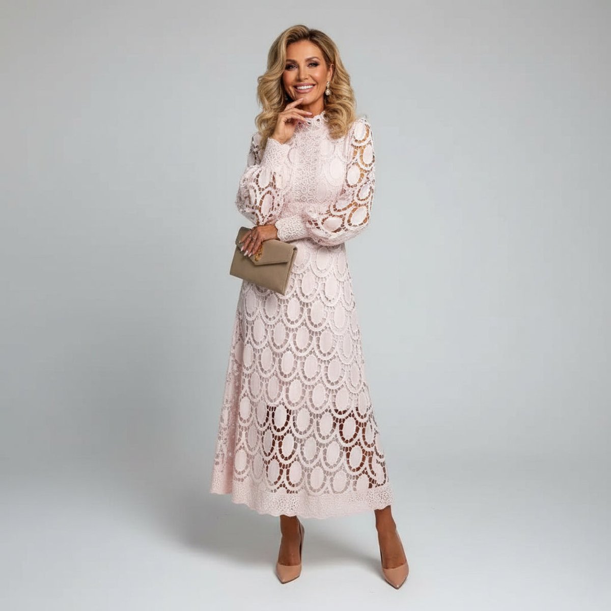 Phoebe | Women's Elegant Lace Midi Long Sleeve Dress Mock Neck A-Line