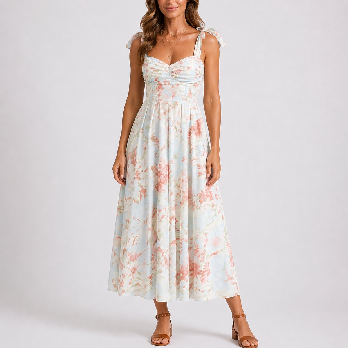 Lily | Women's Fall Wedding Guest Dresses Floral Ruched Tie-Shoulder Midi Dress