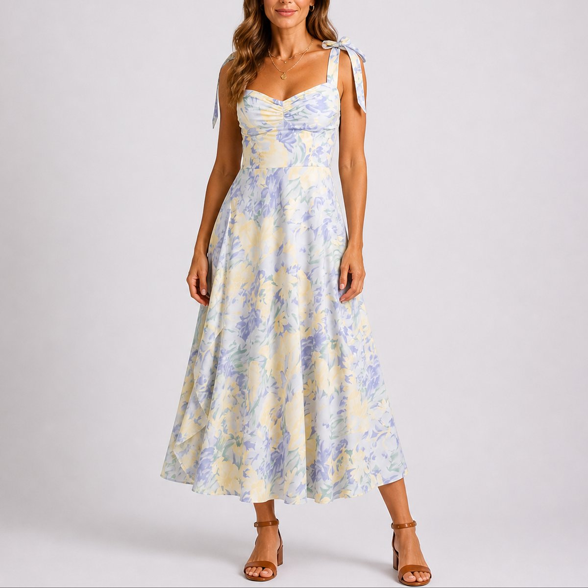 Lily | Women's Fall Wedding Guest Dresses Floral Ruched Tie-Shoulder Midi Dress
