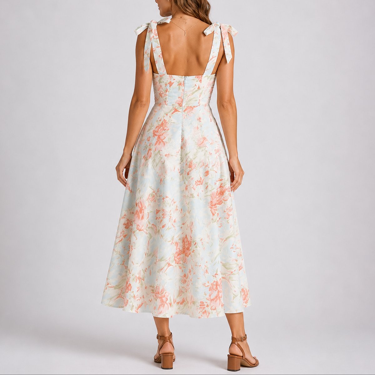 Lily | Women's Fall Wedding Guest Dresses Floral Ruched Tie-Shoulder Midi Dress