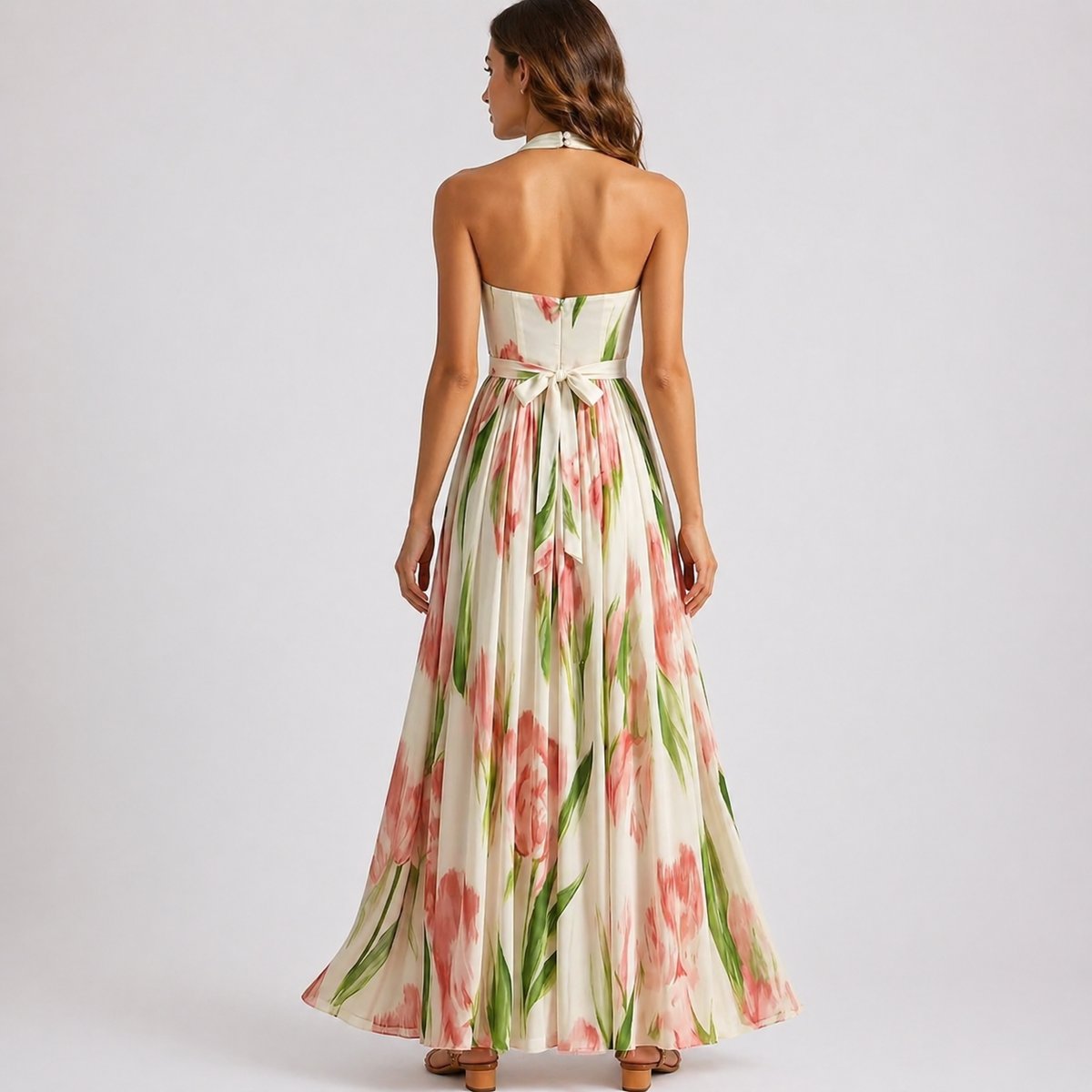 Sophie | Women's Fall Wedding Guest Dresses Halter Neck Floral Maxi Dress
