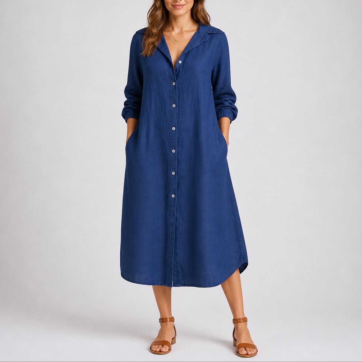 Lily | Women's Fall Wedding Guest Dresses Long-Sleeve Button-Front Midi Shirt Dress