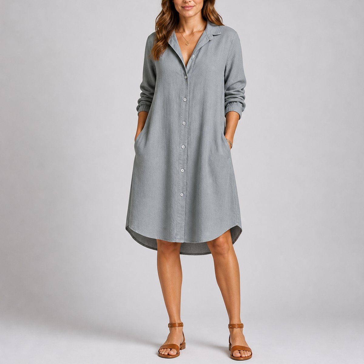 Lily | Women's Fall Wedding Guest Dresses Long-Sleeve Button-Front Midi Shirt Dress