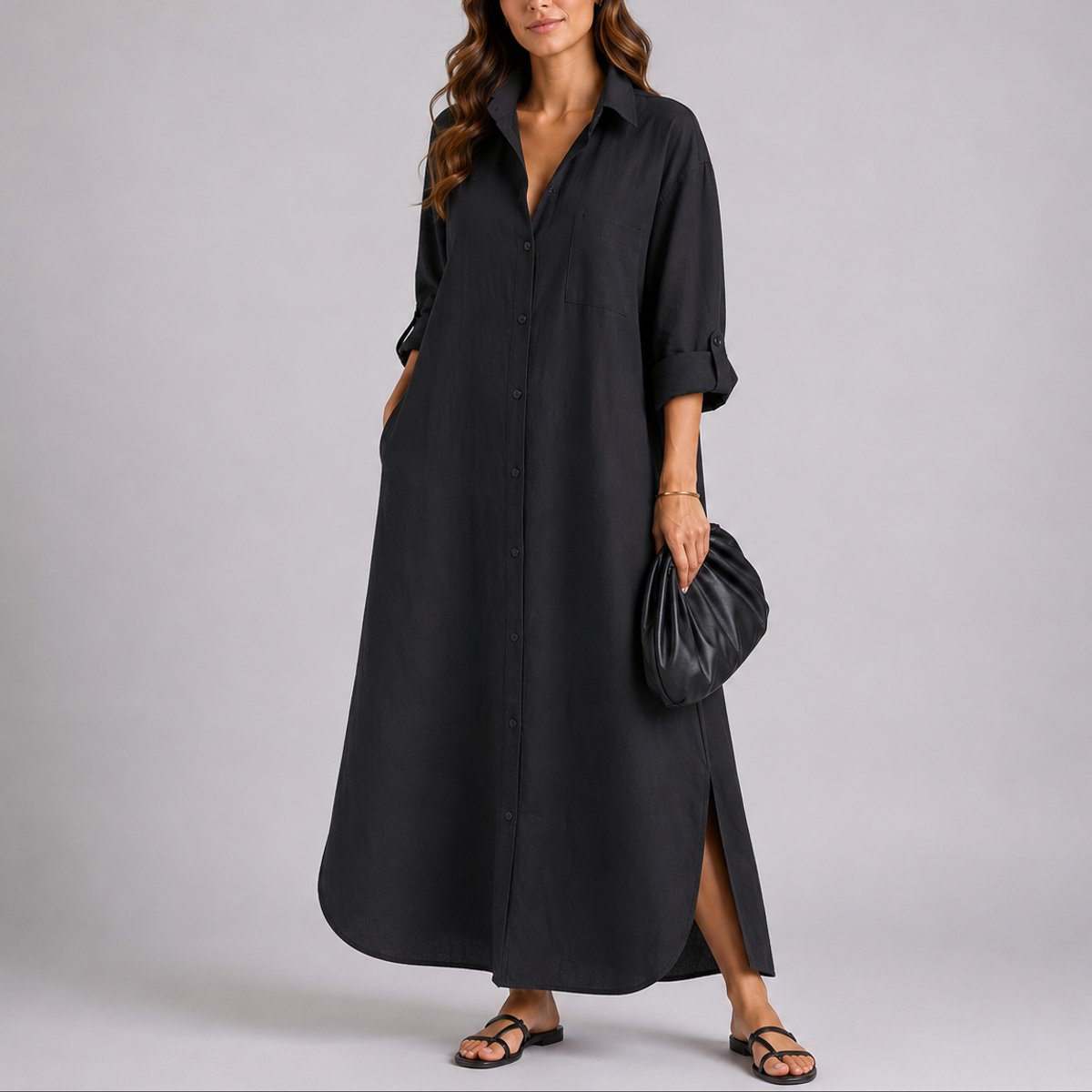 Phoebe | Women's Fall Wedding Guest Dresses Oversized Linen Shirt Maxi Dress
