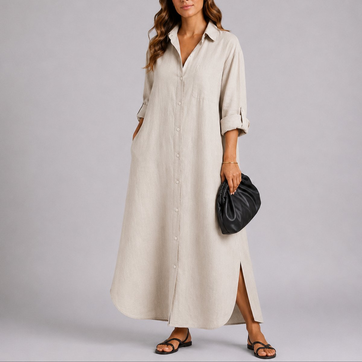 Phoebe | Women's Fall Wedding Guest Dresses Oversized Linen Shirt Maxi Dress