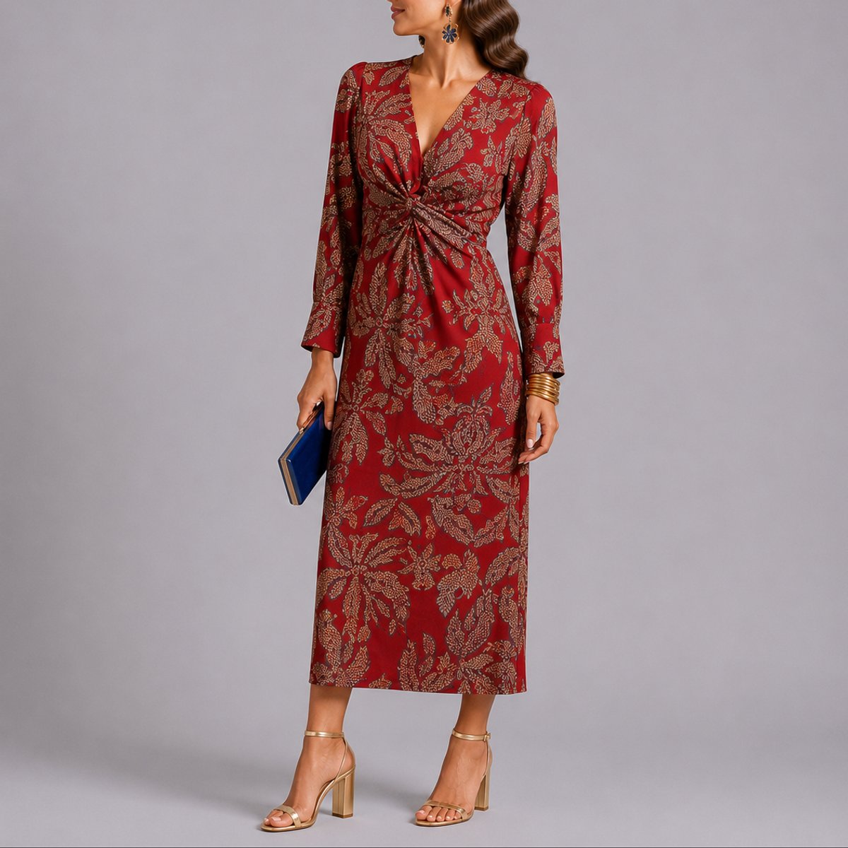 Isla | Women's Fall Wedding Guest Floral Twist-Front Long Sleeve Midi Dress