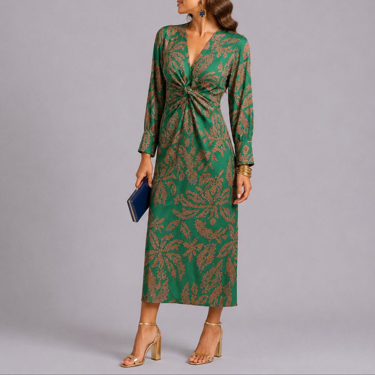 Isla | Women's Fall Wedding Guest Floral Twist-Front Long Sleeve Midi Dress