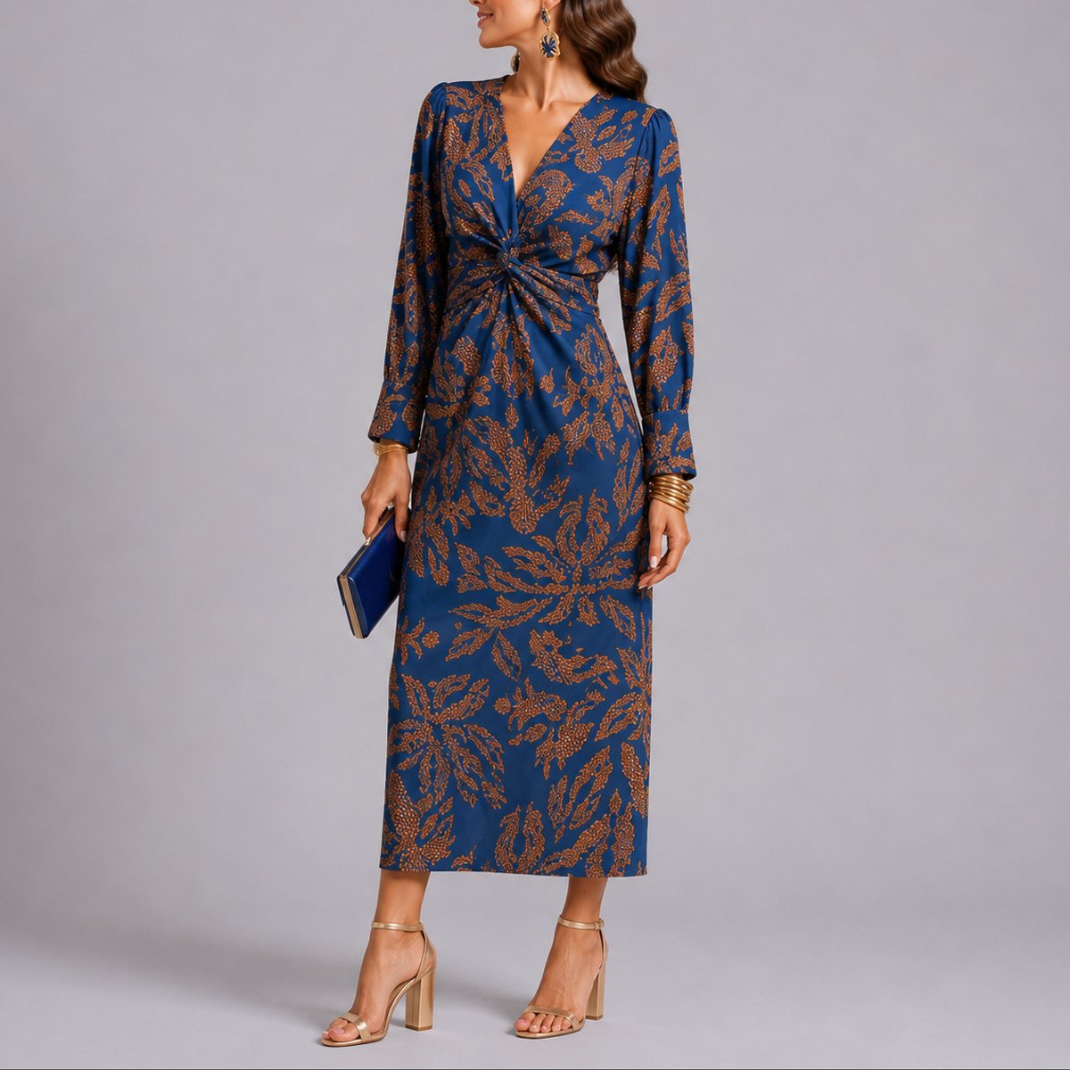 Isla | Women's Fall Wedding Guest Floral Twist-Front Long Sleeve Midi Dress
